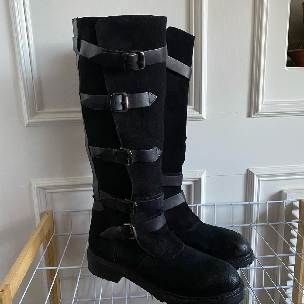Free People Black Tall Buckle Suede Heeled Boots